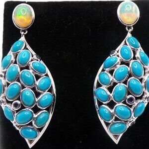 925 Sterling Silver Turquoise and Opal Dangling Earrings, Big Beautiful Earrings